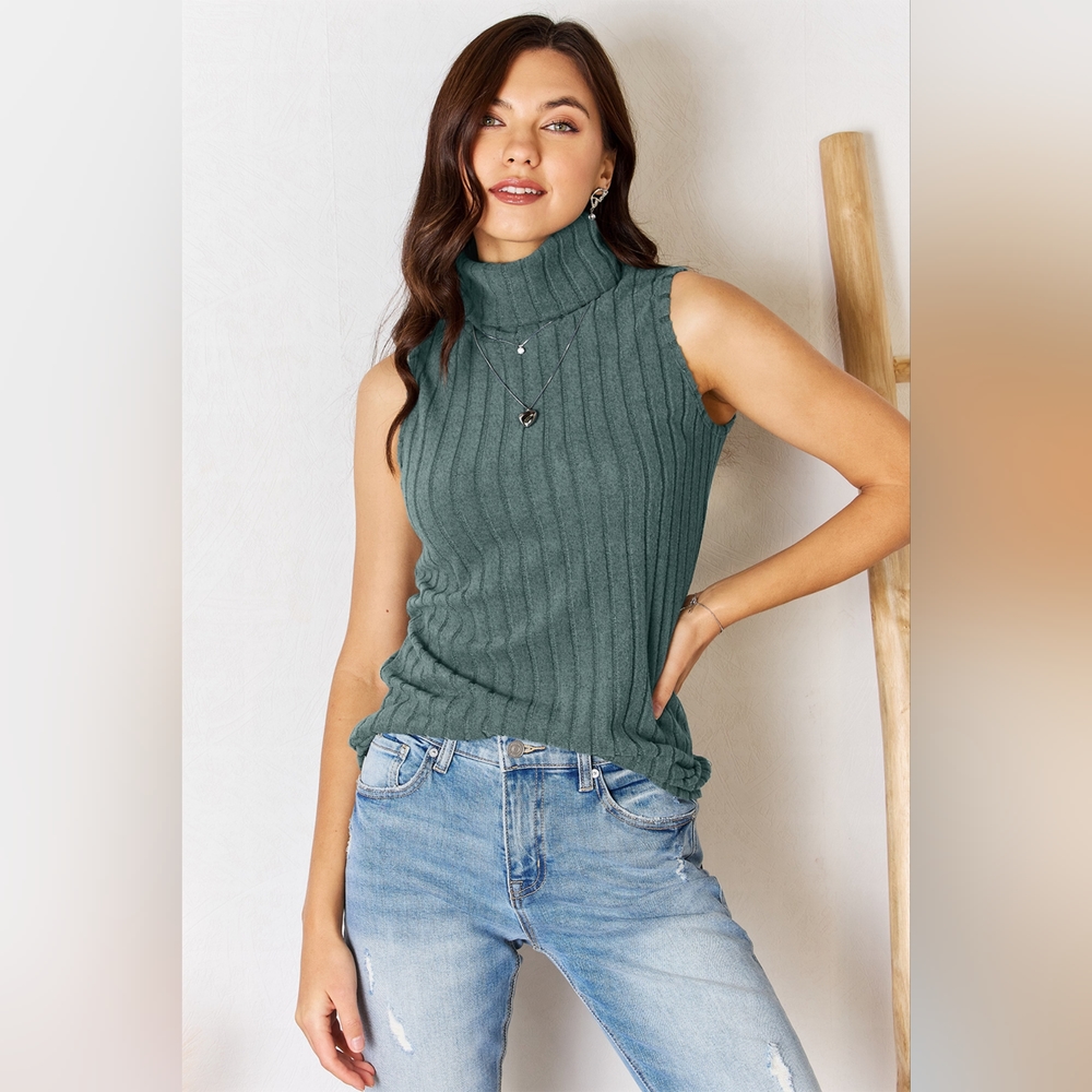 Basic Bae French Blue Full Size Ribbed Turtleneck Tank